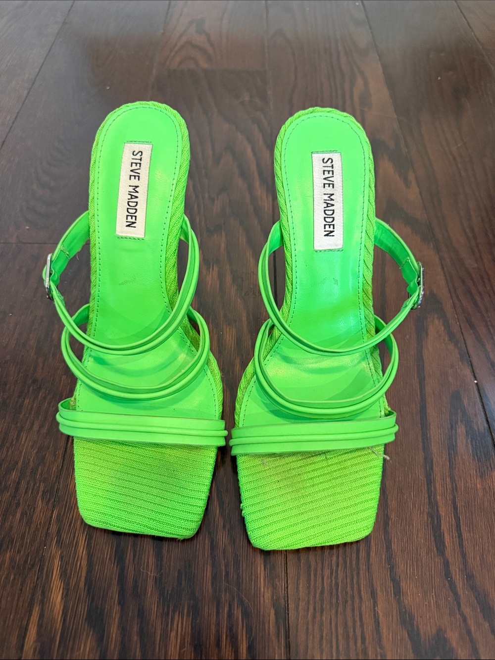 Steve Madden Neon Green Strappy Square-Toe Heeled Sandals